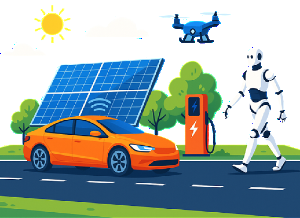 Oranges Elektroauto an Ladestation, Solarpanel, Roboter, Drohne und Sonne auf grüner Straße.