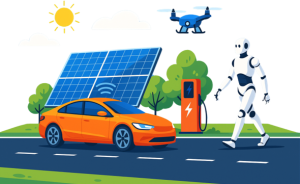 Oranges Elektroauto an Ladestation, Solarpanel, Roboter, Drohne und Sonne auf grüner Straße.