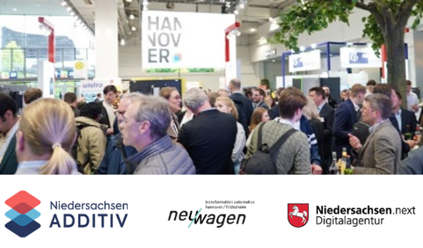 Messestand in Hannover mit Besuchern, darunter Logos von Niedersachsen Additiv, neuwagen und Niedersachsen.next Digitalagentur.