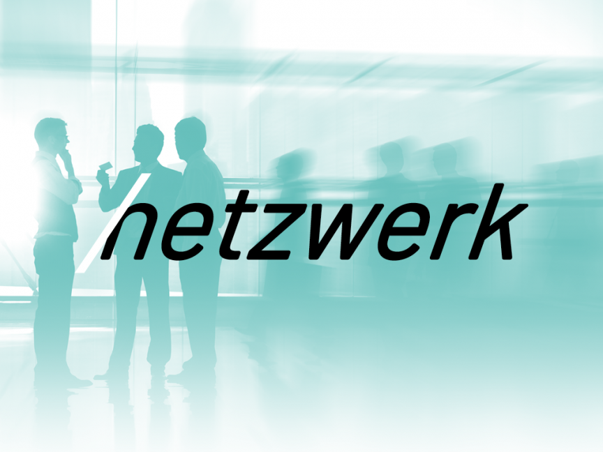 Silhouetten von drei Personen im Gespräch vor türkisem Hintergrund mit dem Schriftzug „netzwerk".